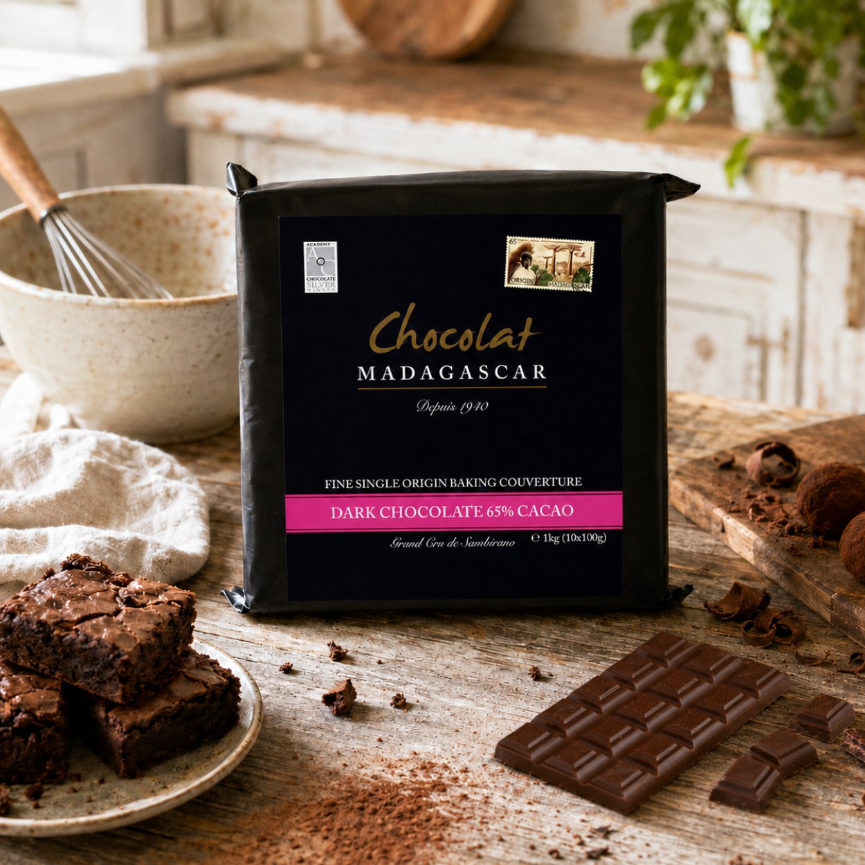 Chocolat Madagascar 65% hořká čokoláda na vaření v rustikální kuchyni s brownies, lanýži a nalámanou čokoládou.